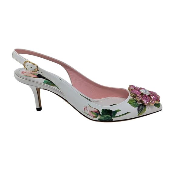 Dolce & Gabbana Jeweled Bellucci Floral Print Slingback Heels White and Pink 35 - Picture 13 of 16